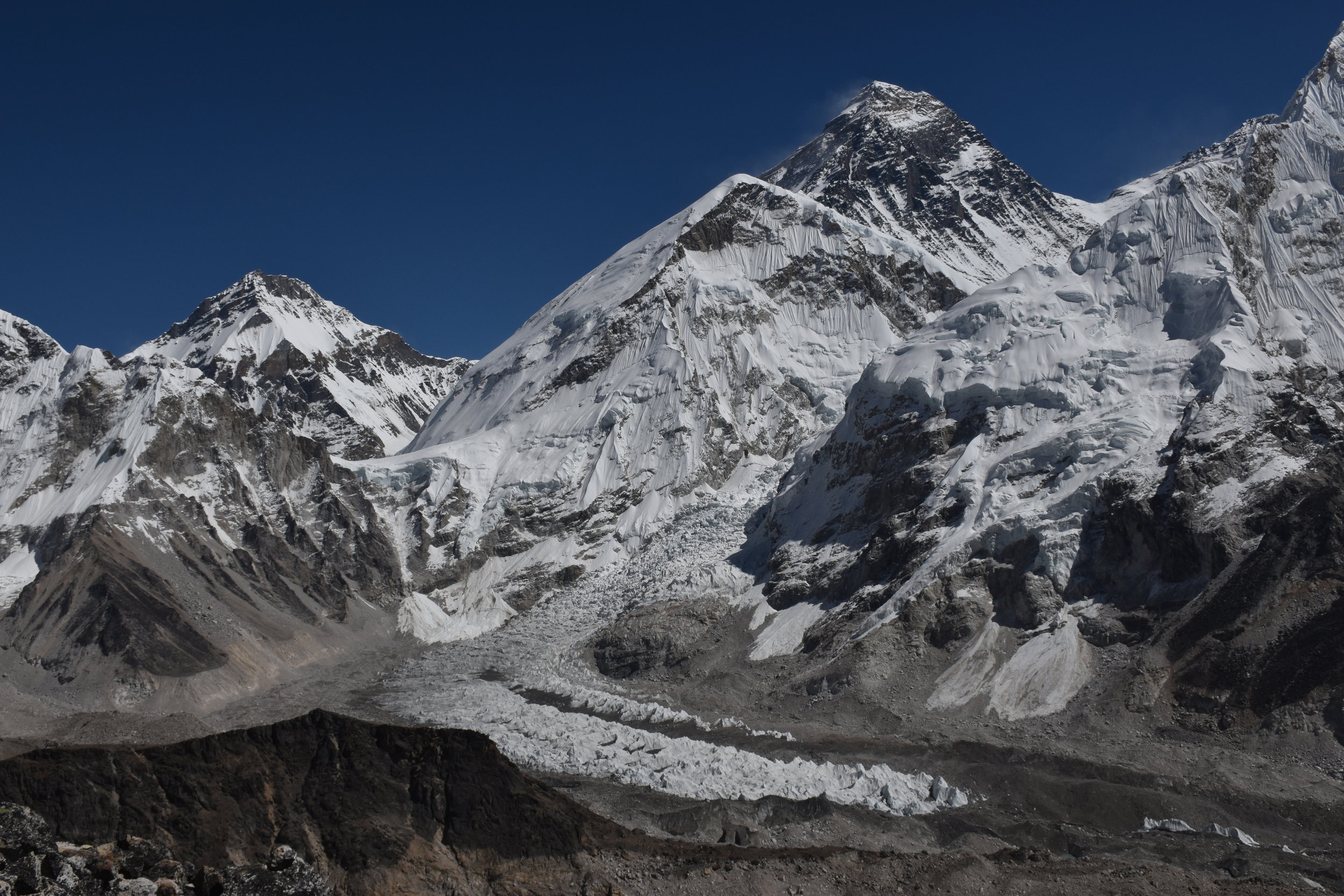 View from Kala Pattar (5545m) of Everest, the Khumba icefield, and EBC.