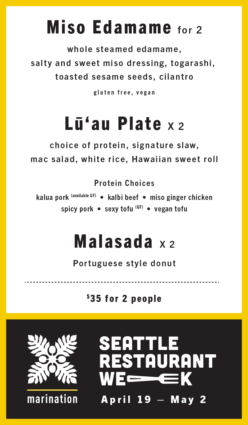 Seattle Restaurant Week | Menu for 2 people | Available at Marination Columbia City