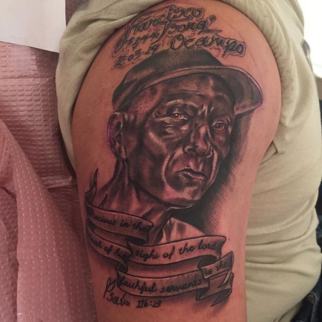 #thankyou @ralbino10 for letting do such a #fun #portrait of your #greatuncle. This portrait turned out #beautiful. I always enjoy doing portraits. Wish I could do more.
#blackandgreytattoo #blackandgrey #scroll #scrolltattoo #script #scripttattoo #shoulder #hisfirst #hisfirsttattoo #custom #customtattoo #illustrator #illustration #art #artist #waukeganillinois #waukegan #lakecountyil #chicagotattooartist #greatlakesnavalstation #greatlakesnavalbase #greatlakesnavybase #navy @cupycakesweetshop