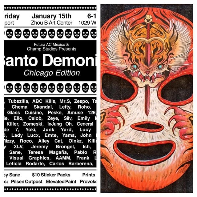 Chris, @killabunzz, will have a #handpainted #luchador #mask on display at @zhoubartcenter in #chicago on January 15th, the show will be from 6pm to 10pm. Make sure you stop by and talk to him.
#luchadormask #tiger #art #artist #artgallery #show #acrylic #wood #wooden #woodenmask #orange #paint #painting