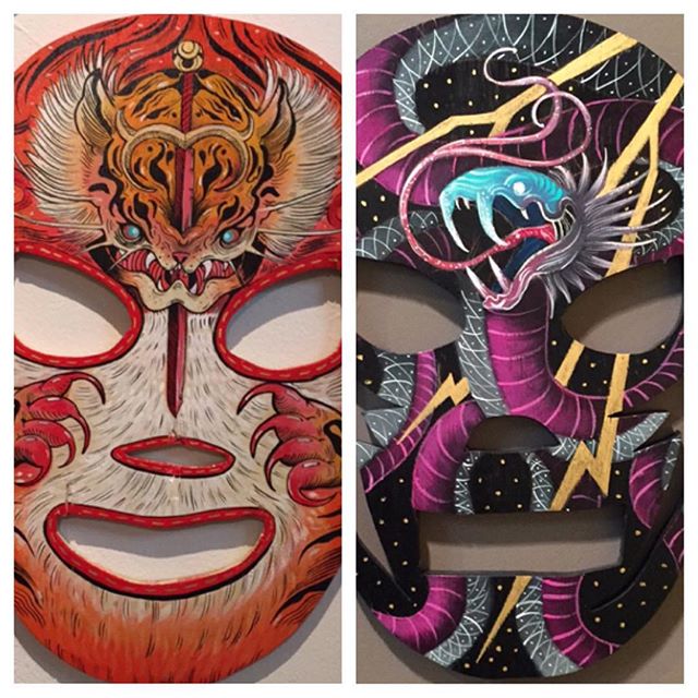 Chris, @killabunzz, was at @zhoubartcenter with his #luchador #masks that he #handpainted for a #gallery in #chicago. Check them out before the #show moves to it #home in #mexico.
#acrylic #paint #acrylicpaint #masks #luchadormask #wrestling #wrestlemania #art #artist #illustrator #illustration #snake #tiger