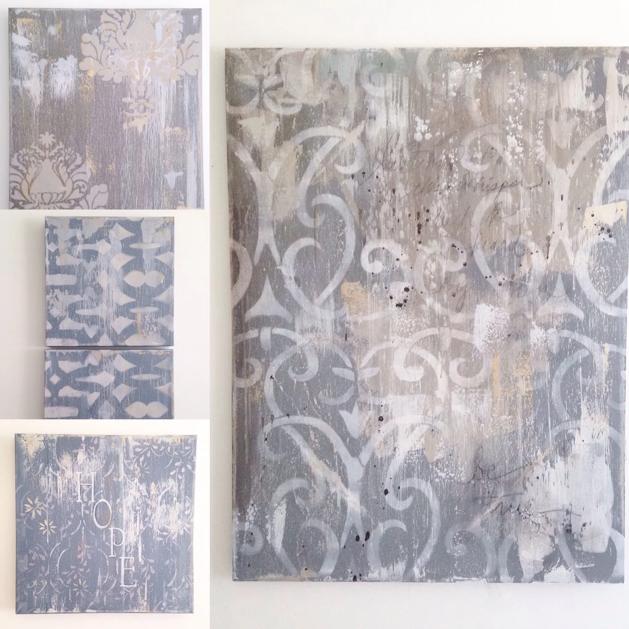 Heather S. Thompson Fine Art distressed stencil paintings as seen at The City Farmhouse show.&nbsp;