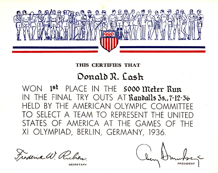 5000 meter run finals for 1936 Olympic Trials certificate