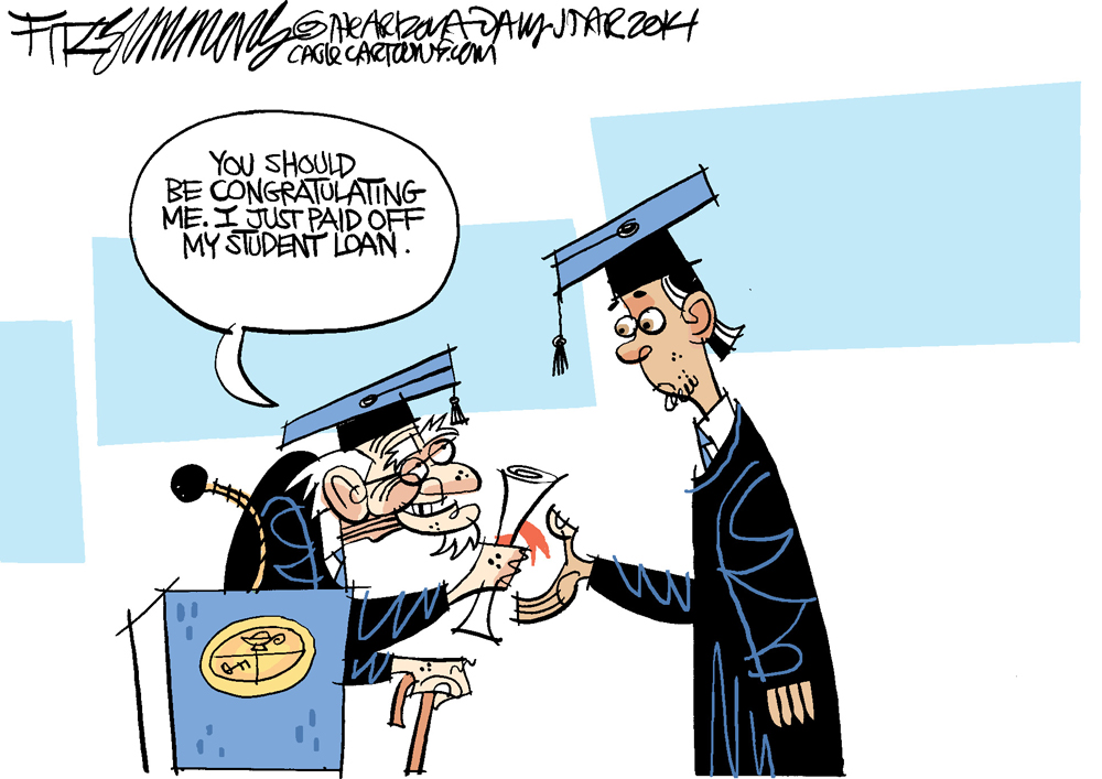 Student loan debt illustration: an old man getting his diploma from a young man and saying "you should be congratulating me, I just paid off my student loan!"