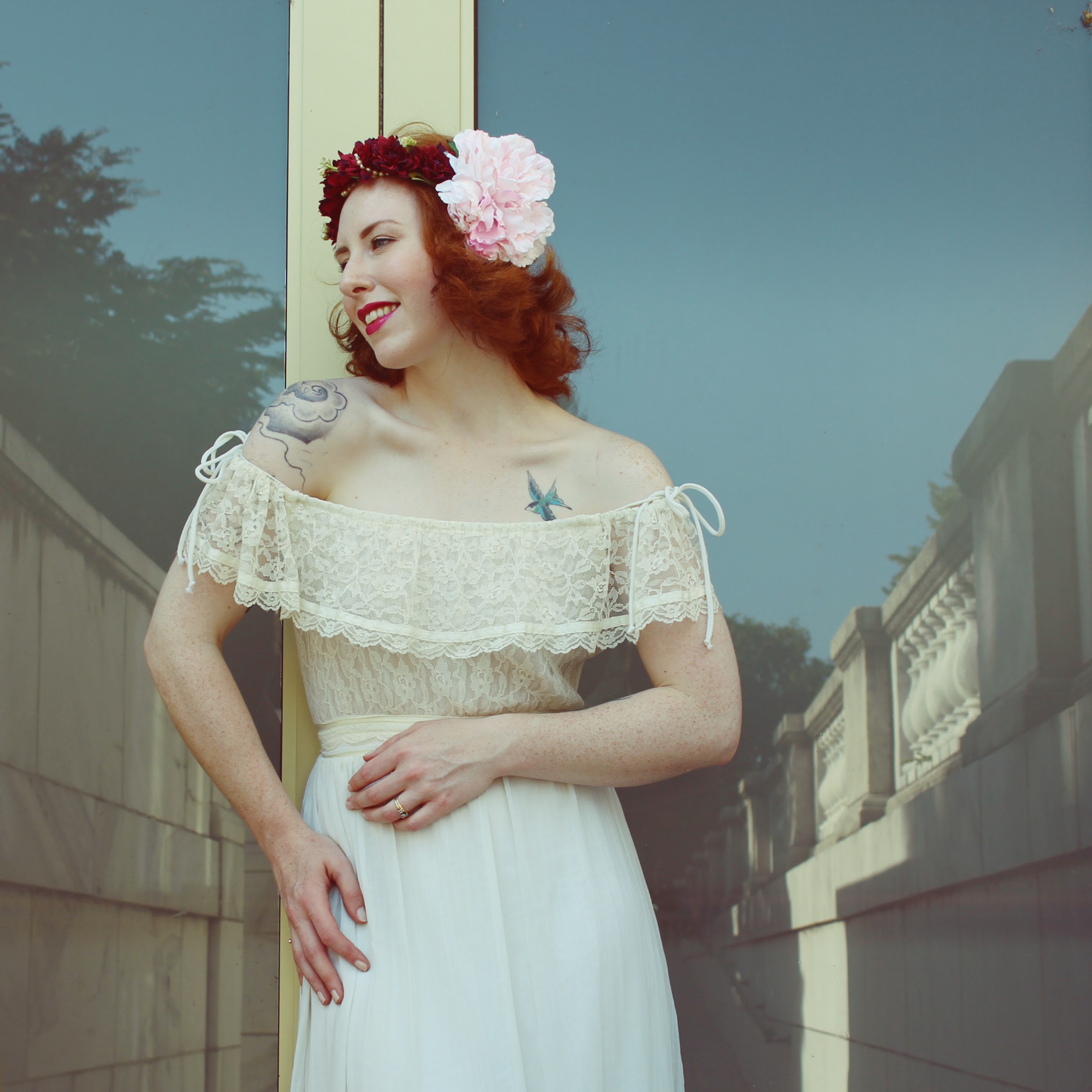 Zella Maybe in an Edwardian inspired dress from Gunne Sax and floral headdress.
