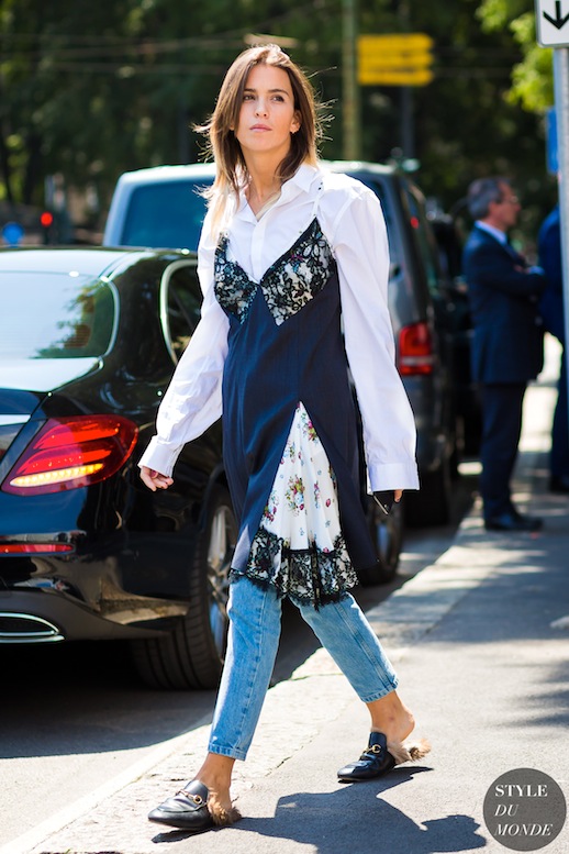 This whole outfit is an eyesore, but gaze, for a moment, at these furry open backed loafers. Yikes.
