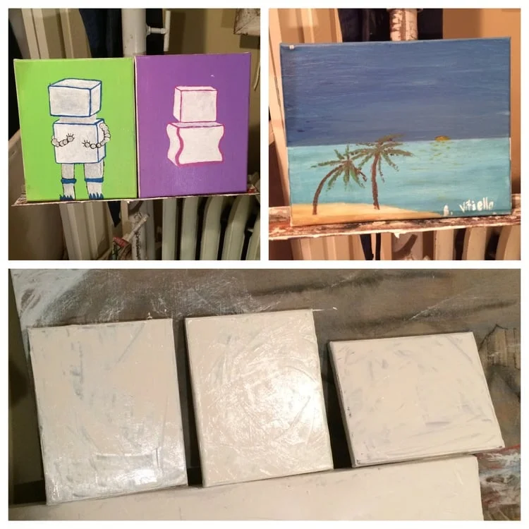 TOP : the three canvases used in Keep These in Mind (a triptych) as they looked when I bought them from Saver's for ninety-nine cents each. BOTTOM : waiting for the primer to dry - the first step in creating the finished work. 