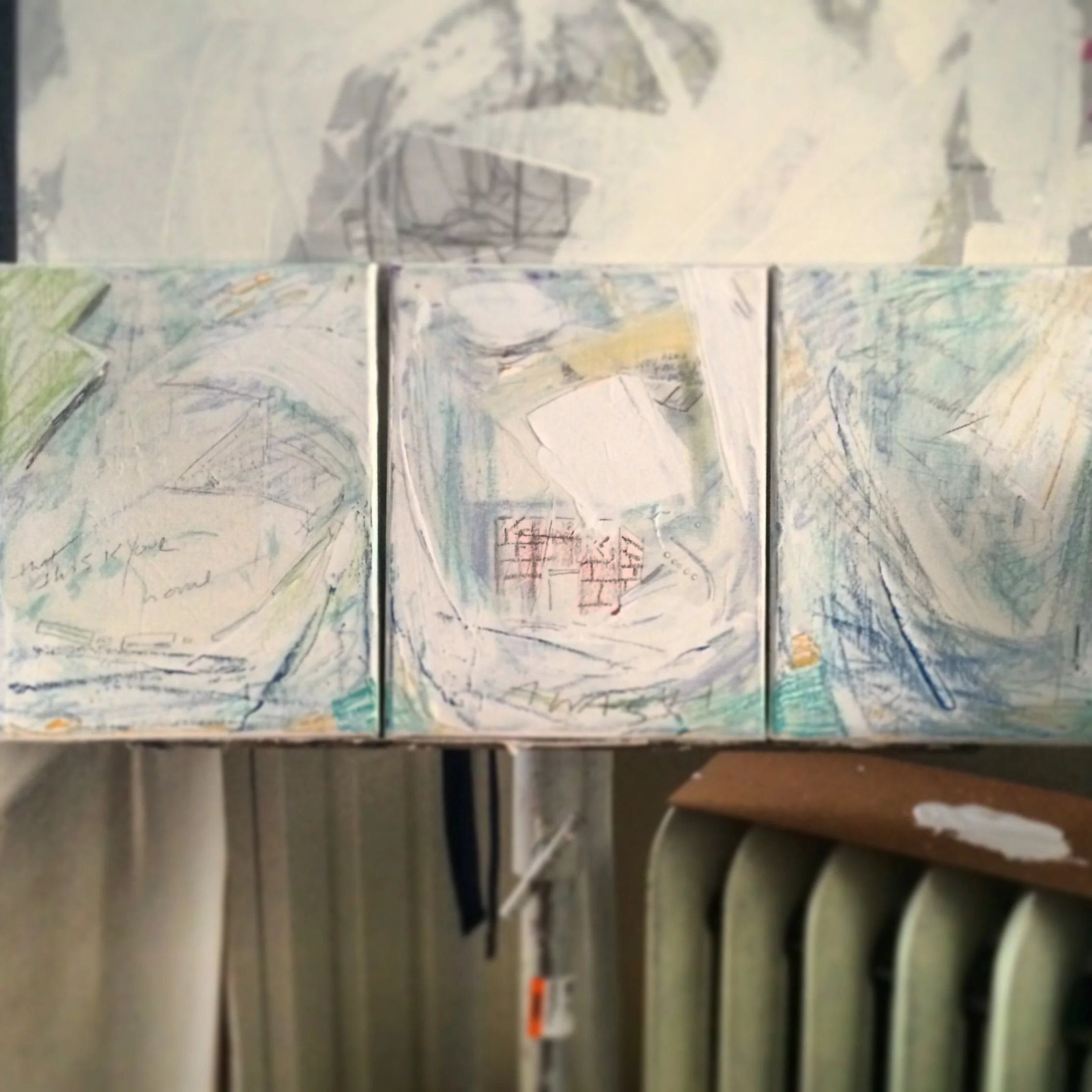 The first pass of drawing and gesso. I tend to work with pastels and primers in my first layers, and build up what the painting will look like long before any oil hits the canvas. 