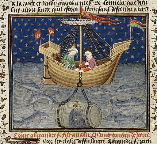 Alexander explores the sea in a submarine; detail of a miniature from BL Royal MS 15 E vi, f. 20v (the "Talbot Shrewsbury Book").