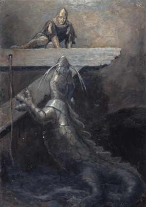 Katherine Pyle, Dragon rearing up to reach medieval knight on ledge (1932).
