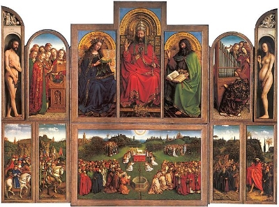 Jan van Eyck, Ghent Altarpiece (1430-1432). An excellent example of a complex polyptych, a triptych of many-paneled wings.