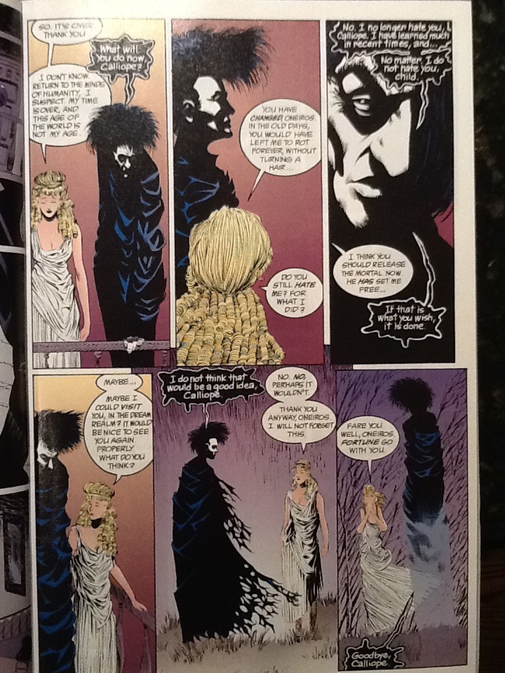 Morpheus rescues Calliope from the clutches of a writer bereft of ideas who keeps her as his personal muse. The kinder, gentler Morpheus, rebounding from his own captivity, did not approve. "Calliope" written by Neil Gaiman, illustrated by Kelley Jones and Maclom Jones III.Copyright DC Comics 1990.