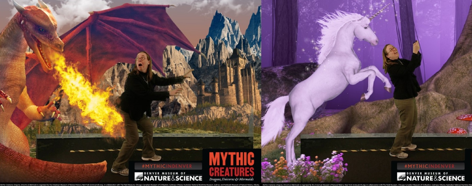 Fiction Unbound's own C.S. Peterson fends off an angry dragon hungry for barbecue and takes a selfie with a magical unicorn at the Denver Museum of Nature & Science's Mythic Creatures exhibit. 