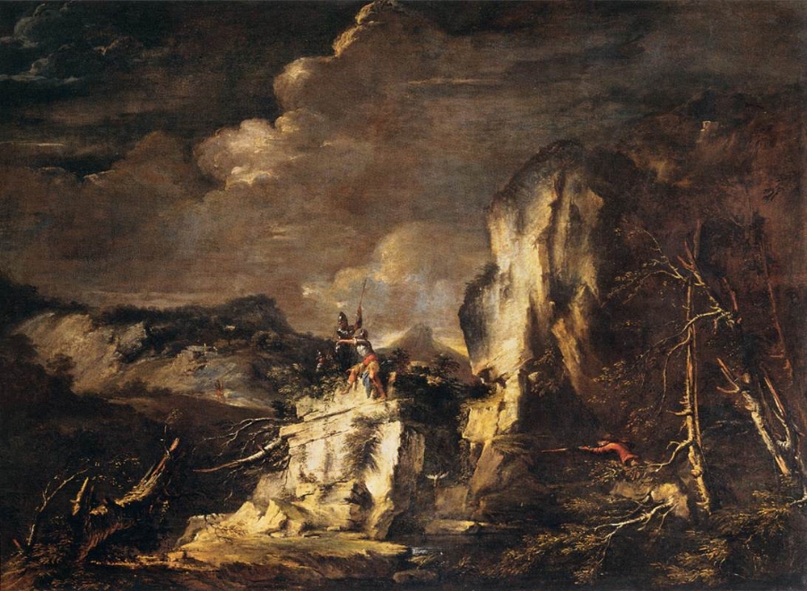 Salvator Rosa, Paessaggio roccioso con soldati e cacciatore (Rocky Landscape with Huntsman and Warriors) , c. 1670. Radcliffe drew inspiration from the landscapes of "savage Rosa" for her images of Italy, a country she never visited. (Stupid French Revolution.)