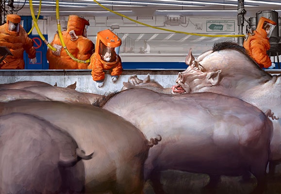 “The pigoons were much bigger and fatter than ordinary pigs, to leave room for all of the extra organs. They were kept in special buildings, heavily secured: the kidnapping of a pigoon and its finely honed genetic material by a rival outfit would have been a disaster.” Illustration: Jason Courtney . CC BY-NC-SA 2.0 .