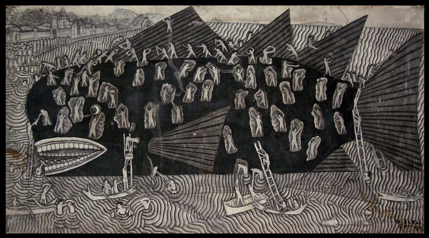 On Valente's Venus, divers collect callowmilk from callowhales which resemble something like a cross between kelp and whales with big bladders of "milk." Above Balinese are harvesting a beached whale. " Beached Whale, Ida Bagus Nyoman Rai - Sanur, Bali, Indonesia." Ink wash on canvas. B y Swidagdo, circa 1970's.