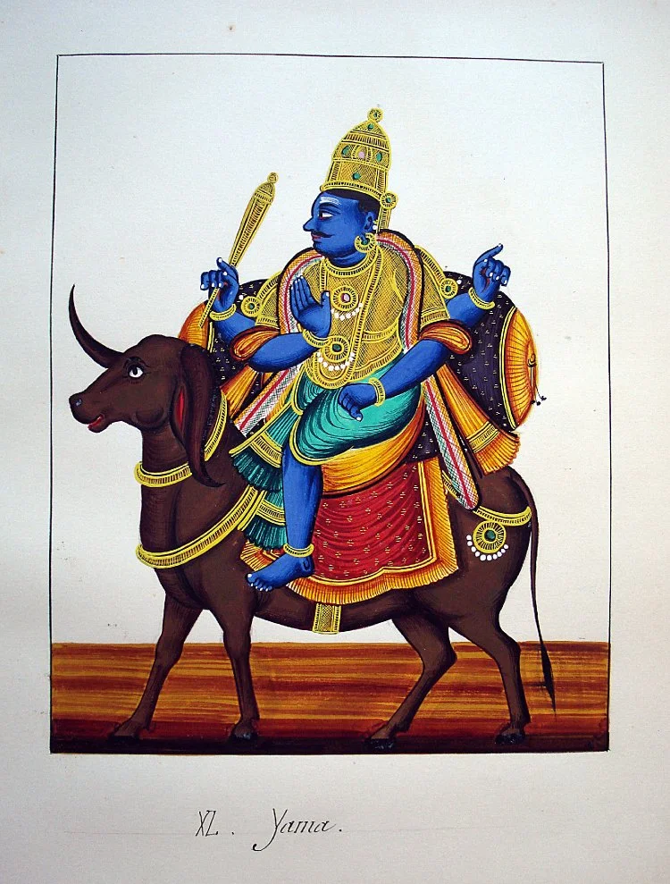 Four-armed and dark-complexioned Yama rides on his bejewelled and caparisoned buffalo. c. 1850. currently at the British Museum.
