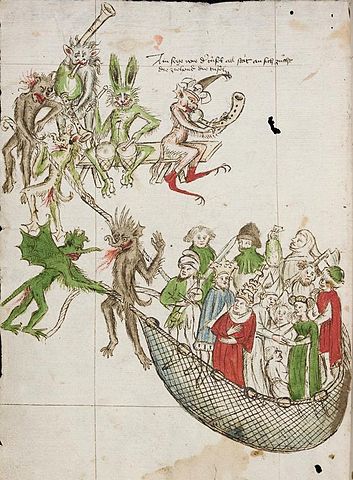 Des Teufels Netz , the Devil's Net, from the Codex Donaueschingen (1441), shows fiends after everyone, from pope to farmer. 