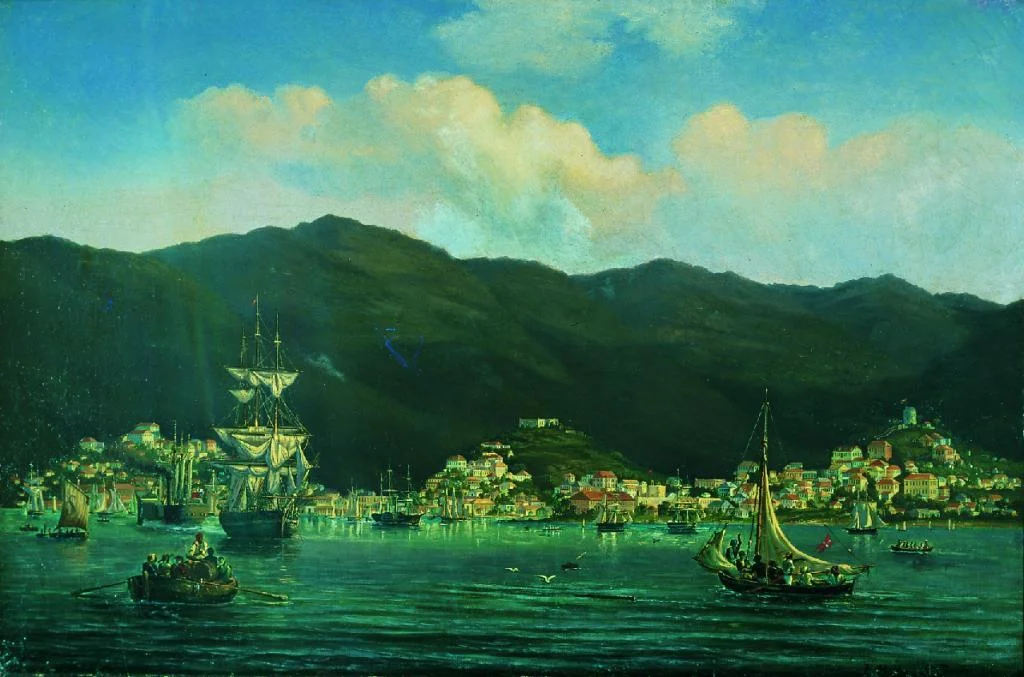 “ Harbour at St. Thomas ” (1852), by Fritz Melbye.