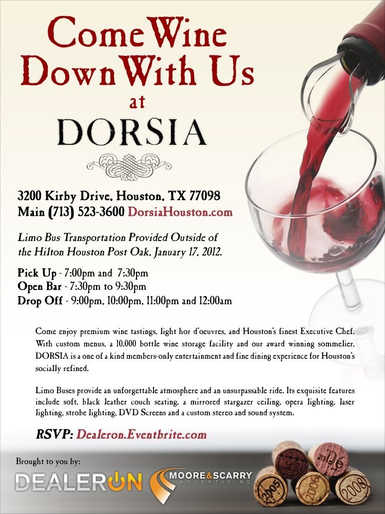 Invitation flyer for a wine tasting event at DORSIA in Houston, Texas, featuring a glass of red wine being poured, event details, and corks with vintage stamps at the bottom.