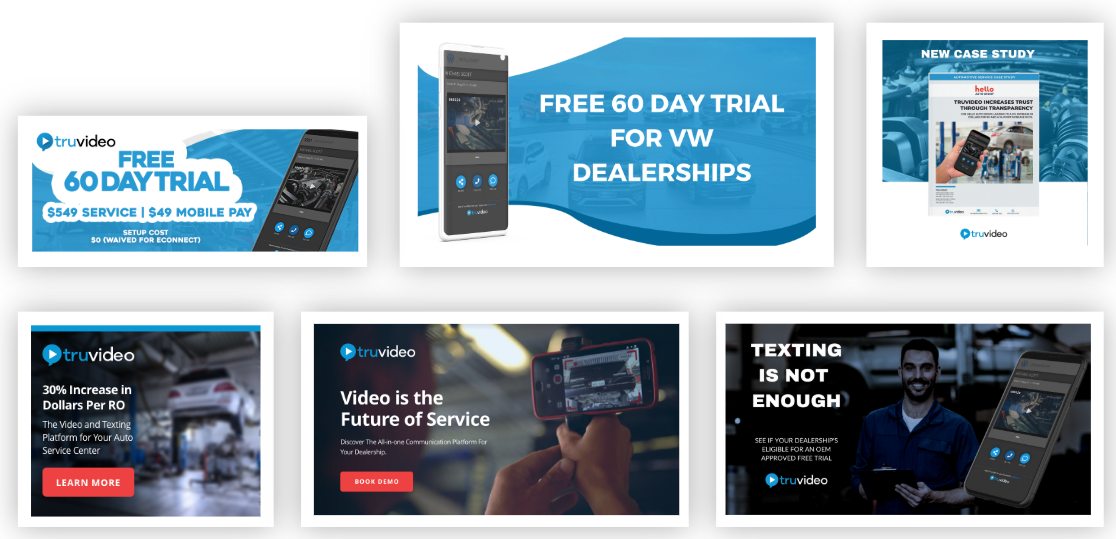 Collection of digital banners advertising a free 60-day trial for truvideo, an auto service communication platform, featuring smartphones and car repair images.