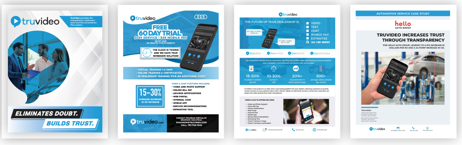 Four sales flyers for TruVideo featuring blue and white designs. The flyers promote video and chat platform services for business, highlighting features such as free trials, digital training, tools for increasing revenue, and trust through transparen