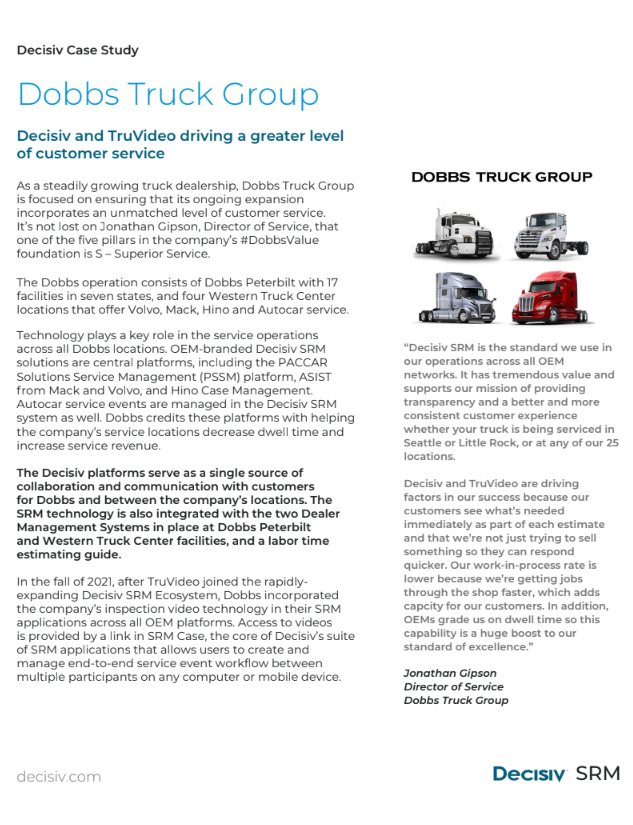 Brochure page about Dobbs Truck Group and Decisiv SRM, featuring images of three trucks and text highlighting their services and technology.