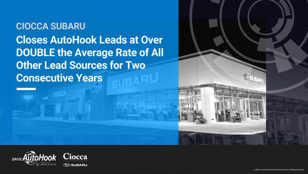 A car dealership with a Subaru sign on the building. The image features a blue overlay with white text about AutoHook doubling the rate of all lead sources for two years. The bottom includes logos of AutoHook, Ciocca, and Subaru.