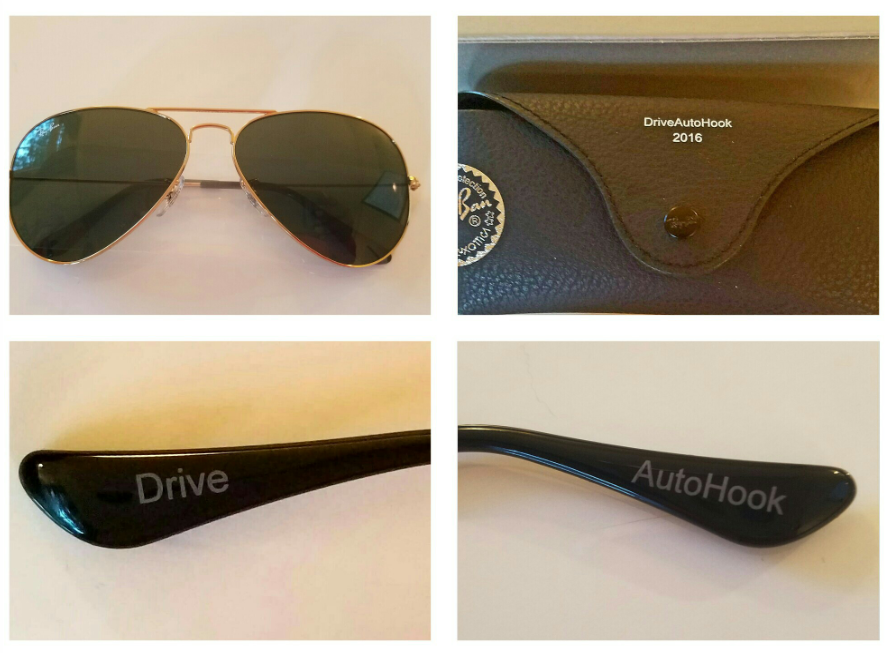 A collage of four images featuring various automotive accessories and sunglasses. The top left shows a pair of aviator sunglasses with dark lenses and a gold frame. The top right displays a black case labeled 'DriveAutoHook 2016,' and a circular stic