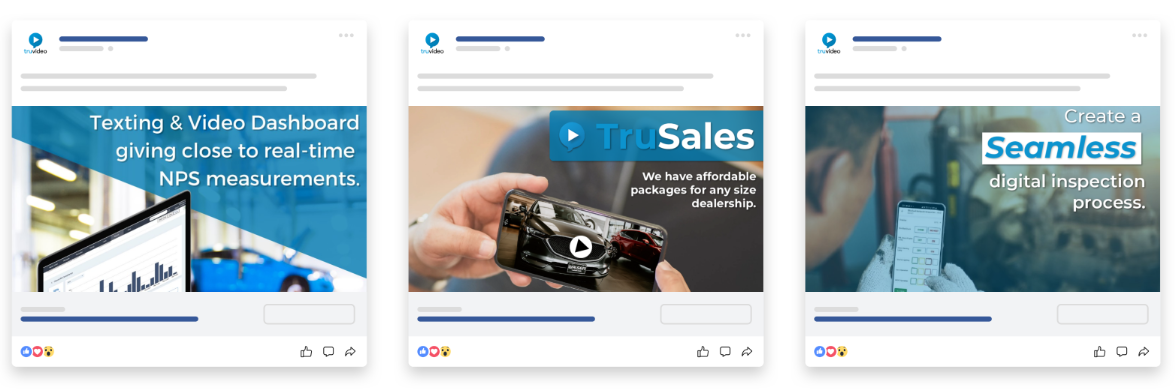Screenshots of three social media video advertisements for TruVideo, highlighting real-time NPS measurement dashboard, car dealership packages, and digital inspection process.