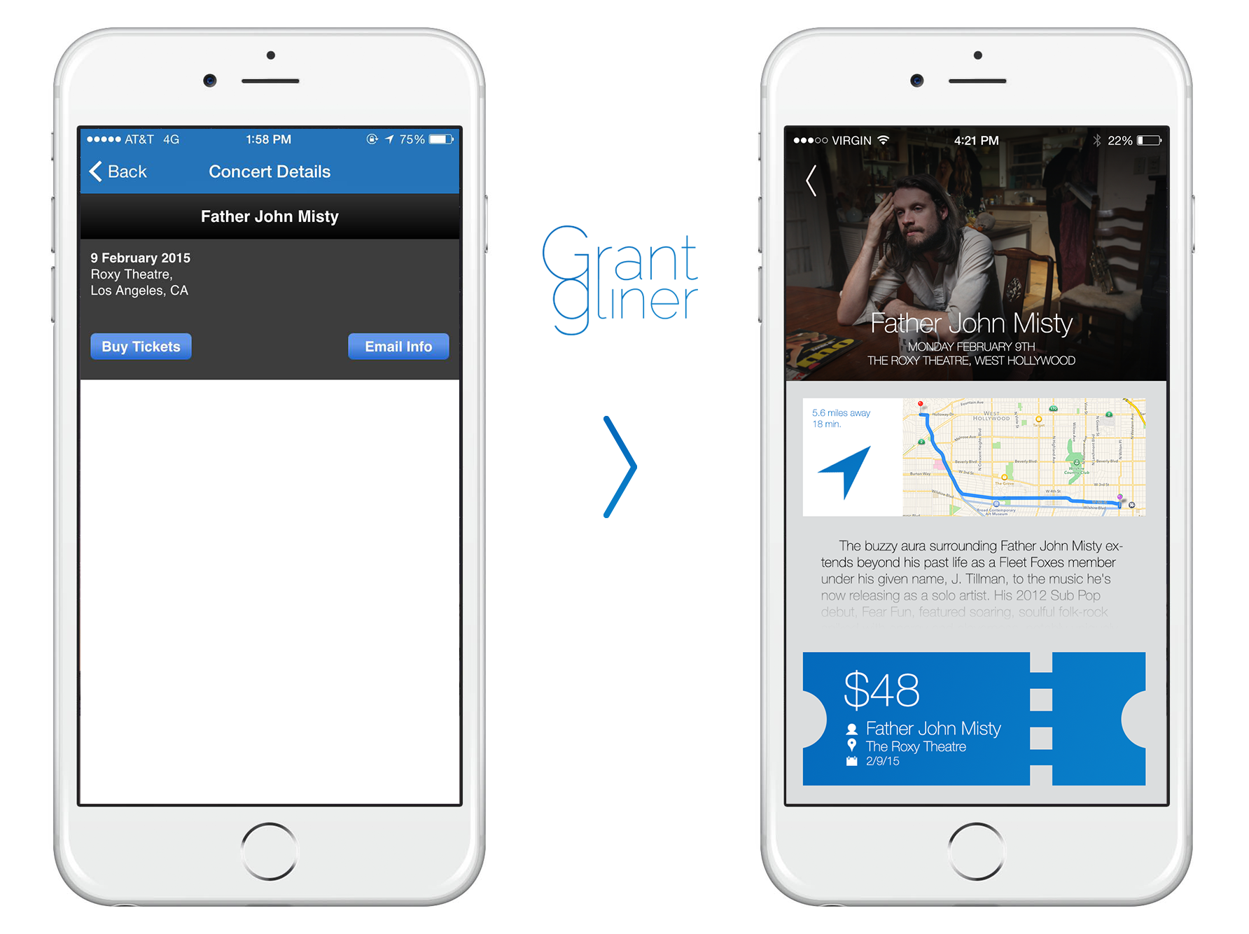 Shazam recently underwent a radical visual overhaul which brought the application a much-needed modern rethinking. The application now has a consistent card-based structure that compartmentalizes features in a way that is easy to understand. Shazam even has rudimentary functionality for concert ticket sales, though the feature is currently shoehorned in with a web application wrapper that is invoked when the user selects the "Next Concert" option for an artist the application has identified. Here, I saw an opportunity for Shazam to do something more with ticket sales. The app clearly has access to a multitude of databases and is well-integrated into Apple's iOS platform. Apple recently integrated Shazam functionality into Siri to make music identification easier , so what if Apple opened up Apple Pay to make Shazam the easiest way to buy concert tickets for artists you like? With this inspiration in mind, I set out to design a new Shazam Tickets experience from the ground up. Below is the screen from which users currently access the ticket sale function. It appears after a song is identified, and the ticket icon here became a motif for the entire Shazam Tickets system I devised. Tapping "Next Concert" will now take users to the Shazam Tickets interface, pictured below.