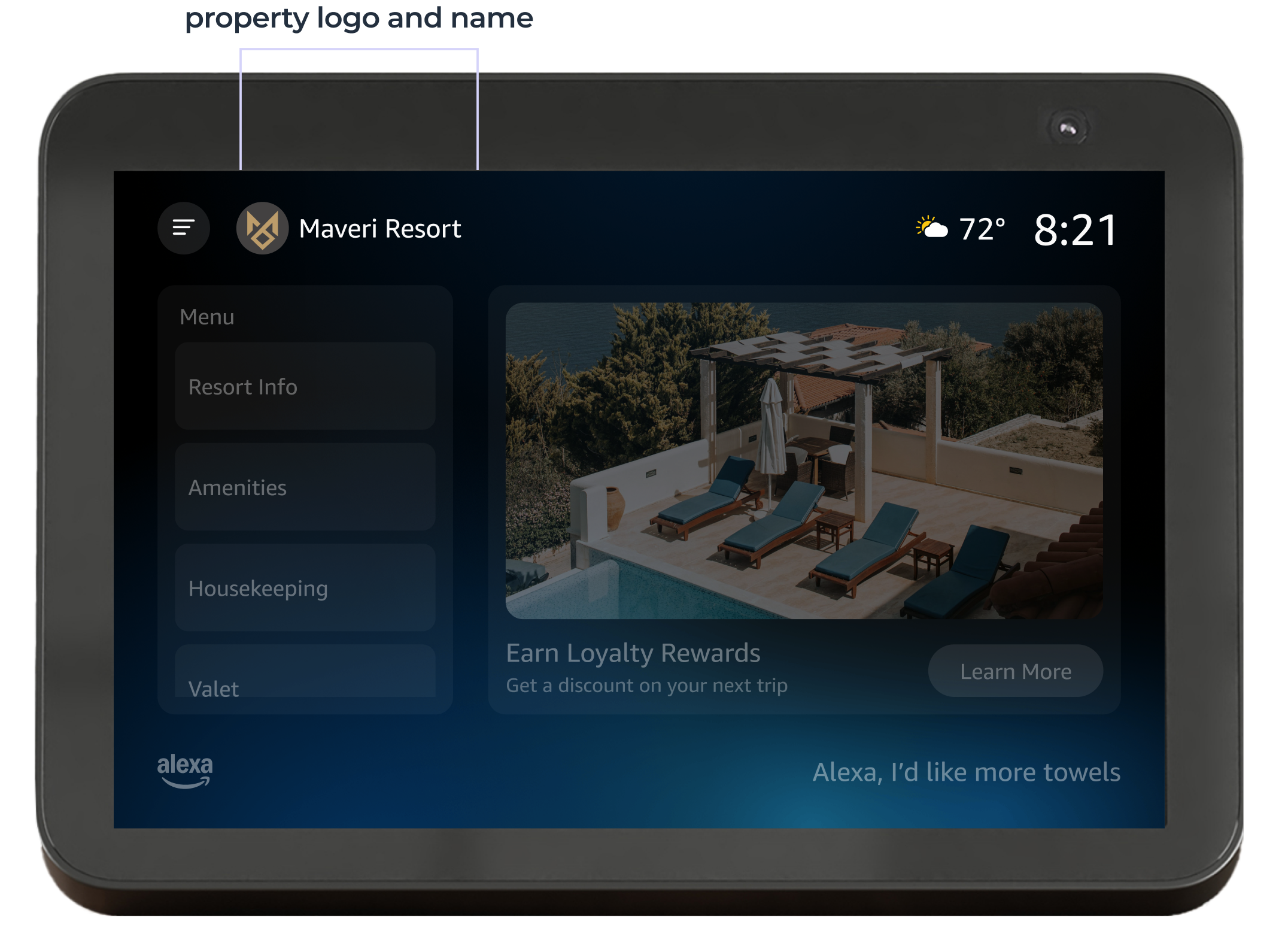  Property logo and name communicates that this is not a regular Alexa device, but one specifically for this property. 