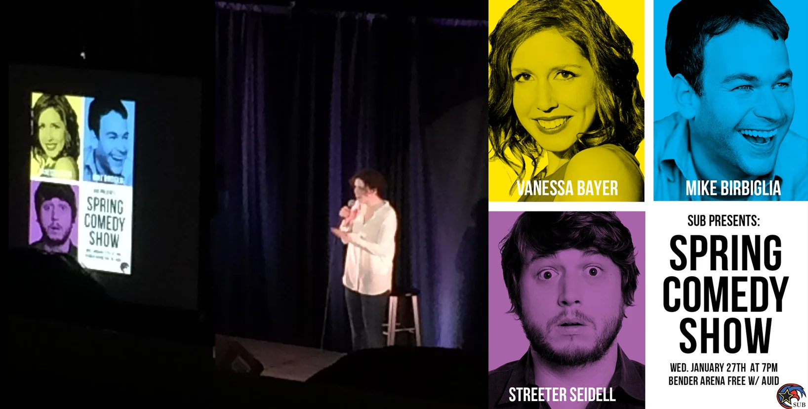 Comedienne Vanessa Bayer next to screen ft. poster design