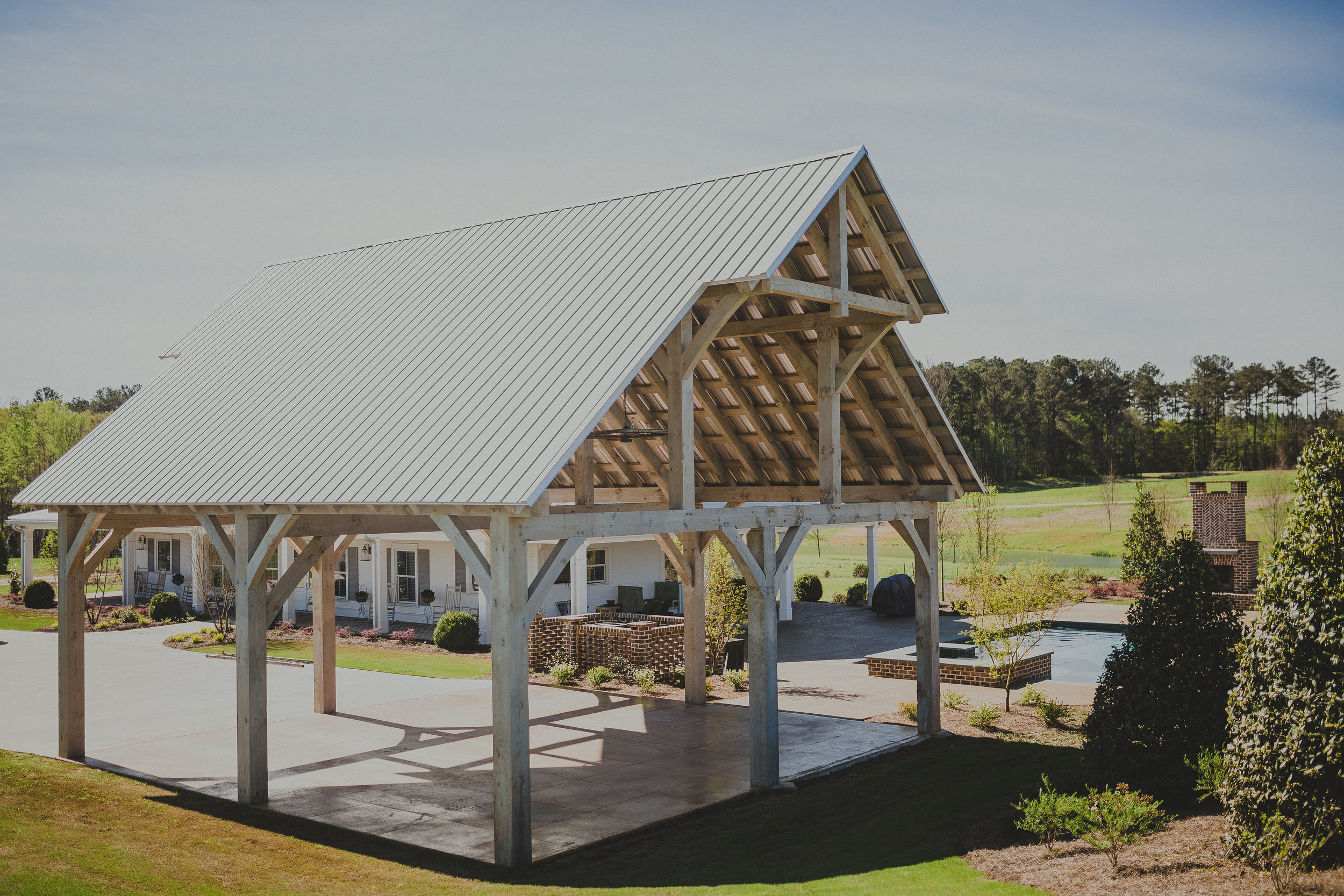  stained eastern white pine carport hand crafted timber frame oconee county georgia 