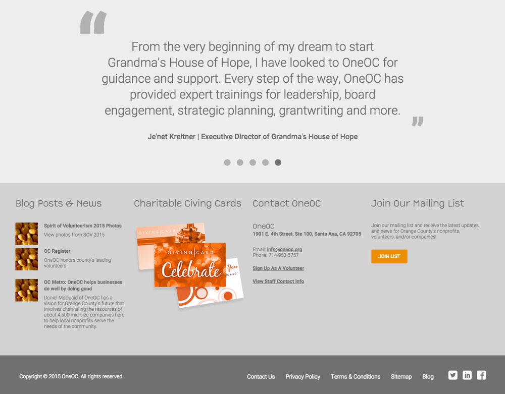 OneOC Testimonials & Footer