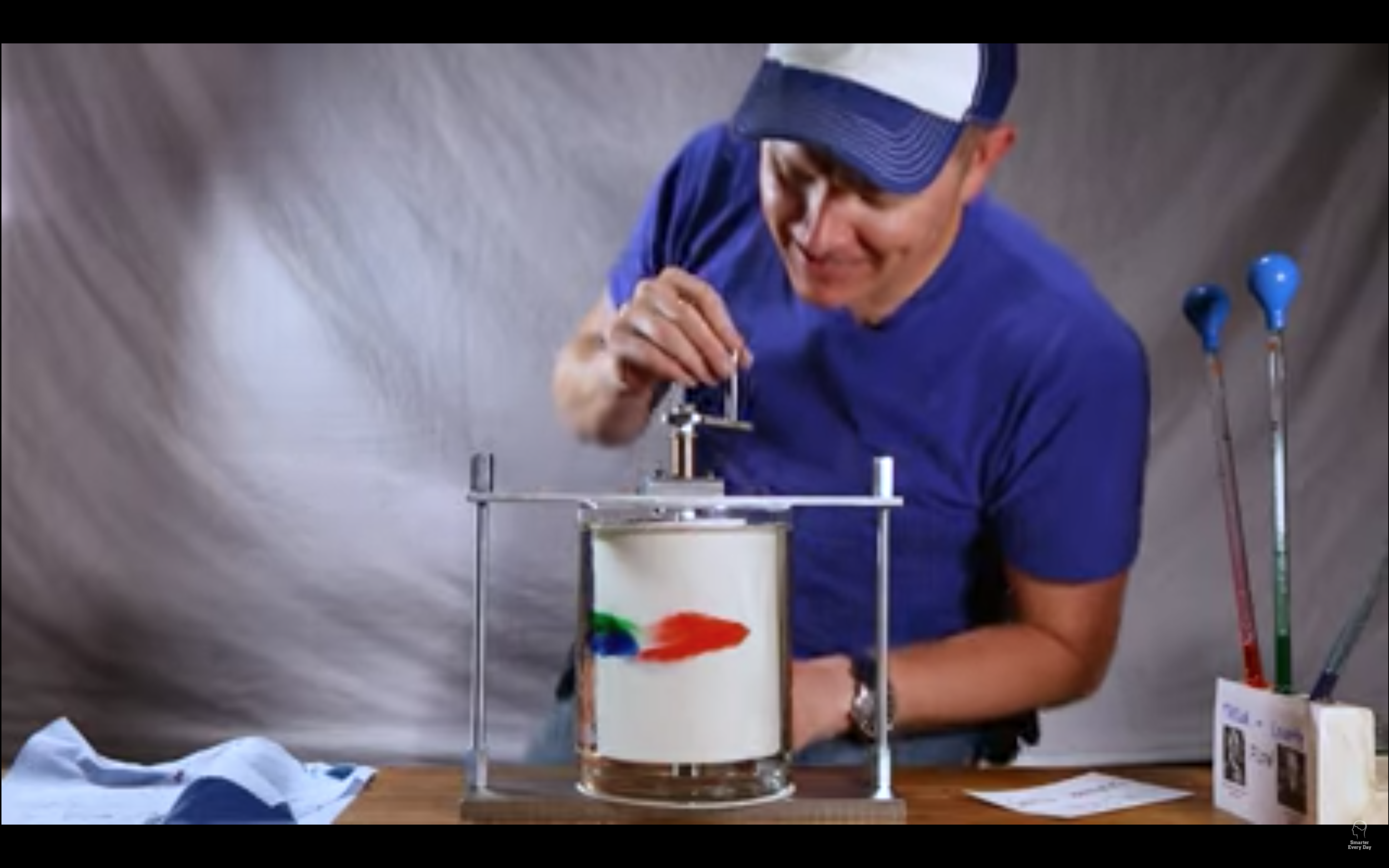 62: Thanks to something called the no slip boundary condition, you can drop multiple colored drops of corn syrup in a tube of clear corn syrup around a rotating inner drum, spin it til it’s mixed, and then unmix it by spinning the inner drum in reverse. https://www.youtube.com/watch?v=j2_dJY_mIys