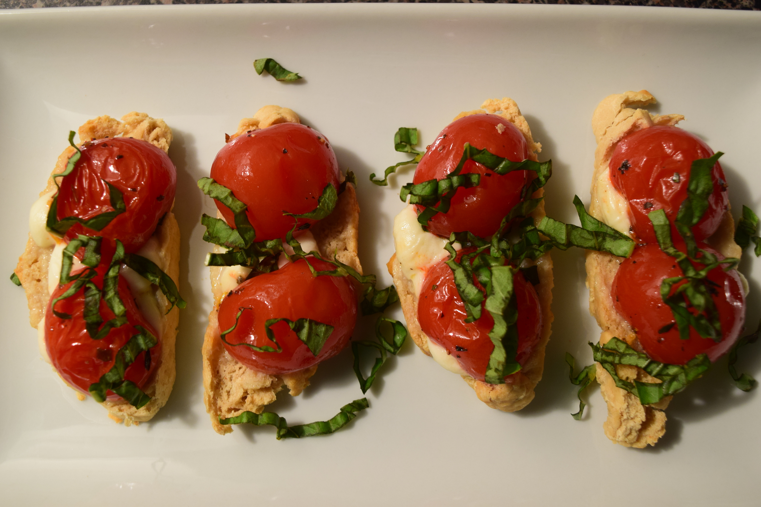 Caprese Toasts - Roasted Cherry Tomatoes, Fresh Mozzarella & Basil 