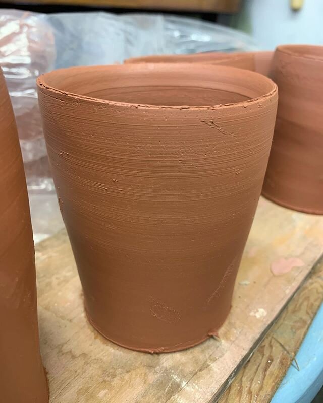 one lb. cup/mug shapes/blanks, from yesterday. still a little soft/wet for handles. #drobnock #ceramics #redstoneware #thrownandaltered #tableware #pottery #wip #mug #studioshot #mugsarentjustformondays #onedayatatime #prototype #interior #interiorde