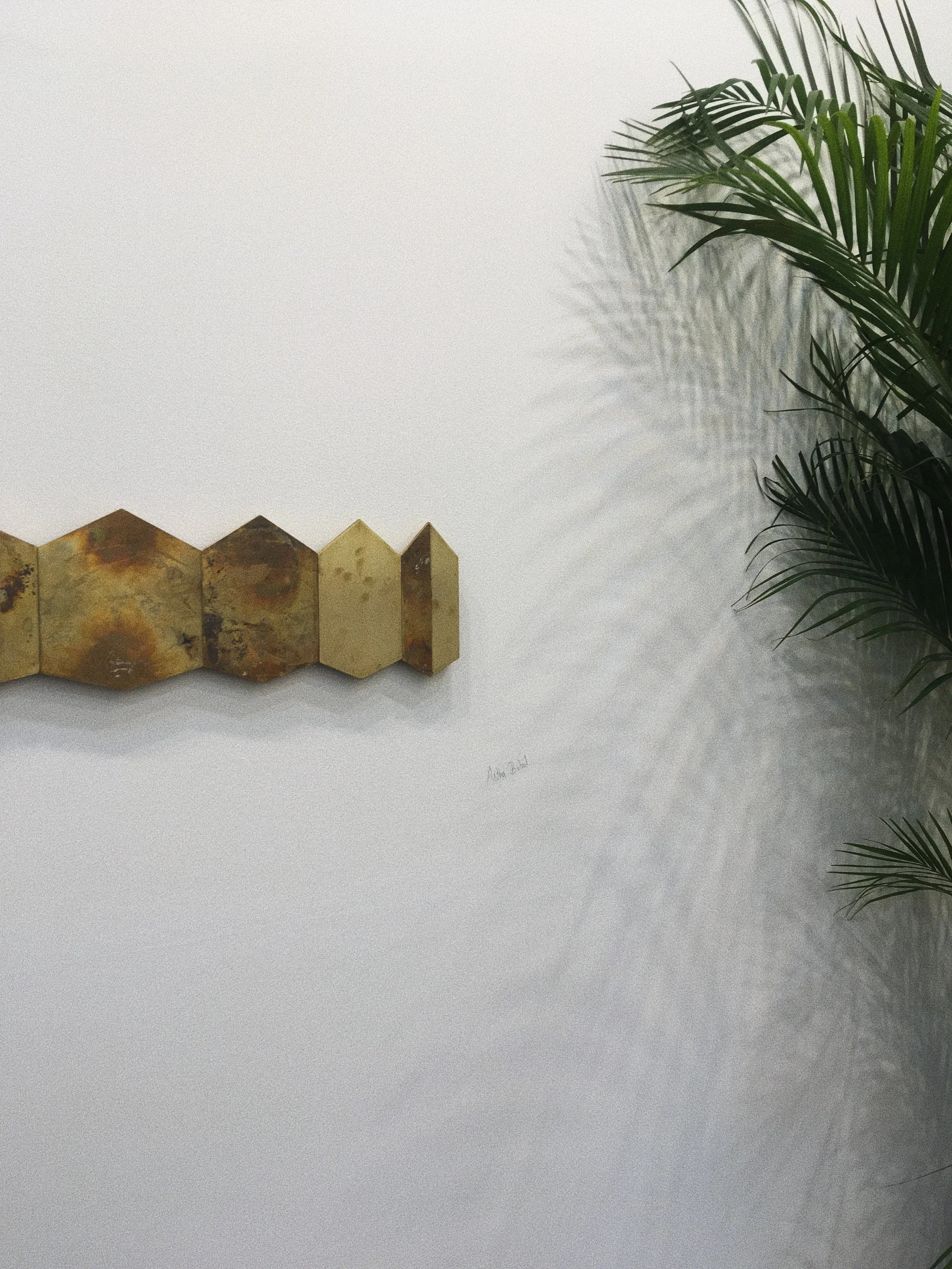 Installation detail of Conversations with the sky part 11, experiencing the red lunar moon (2018) by Astha Butail at GALLERYSKE booth, India Art Fair 2018
