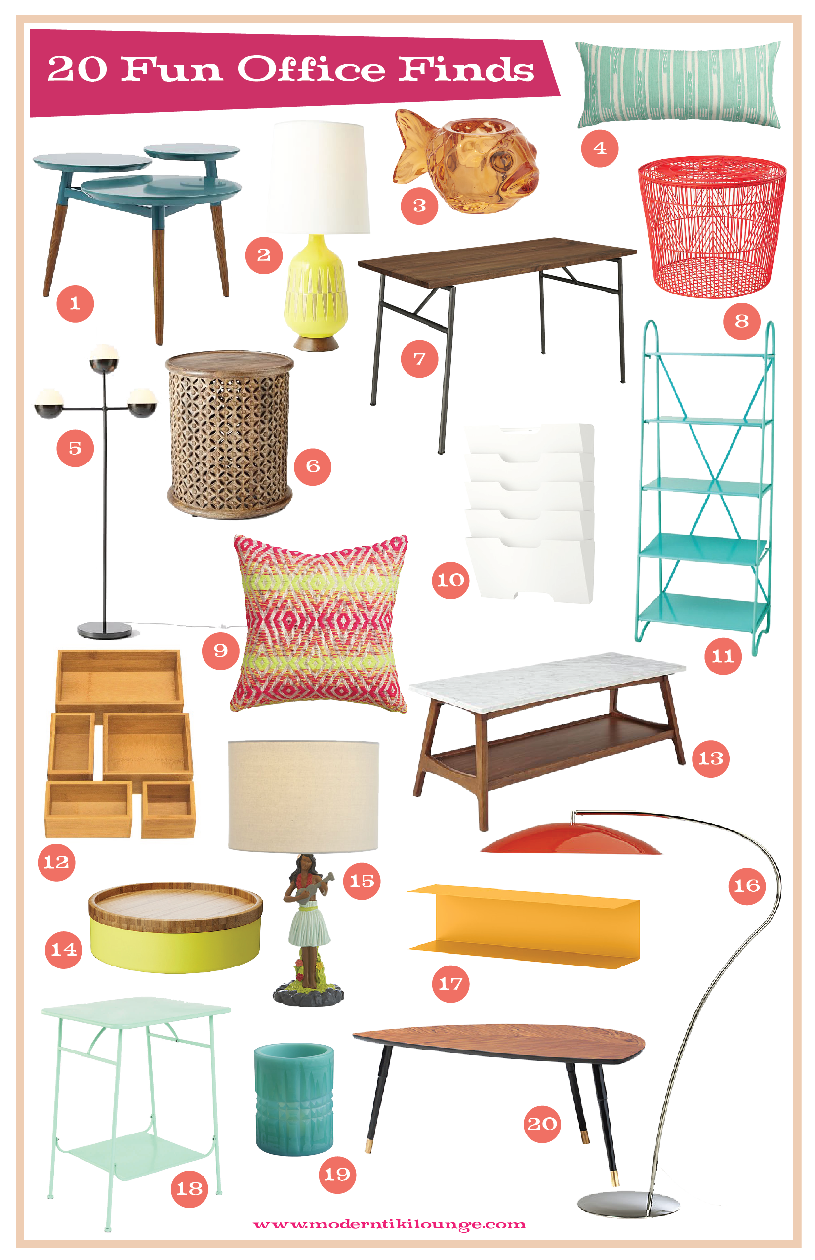 1. clover coffee table | 2. MID-CENTURY TABLE LAMP - bottle | 3. FIN CANDLE HOLDER | 4. IKAT AQUA PILLOW | 5. kate spade saturday globe lamp | 6. carved wood side table | 7. Lecture desk | 8. good vibe floor bin | 9. neon prism knit pillow | 10. kvissle wall magazine rack | 11. fifth floor shelf | 12. seville bamboo organizer boxes | 13. reeve mid-century rectangular coffee table | 14. valkand bowl and dish | 15. hula lamp | 16. atomic arc floor lamp | 17. botkyrka wall shelf | 18. factory side table | 19. hoth candle holder | 20. lovbacken coffee table