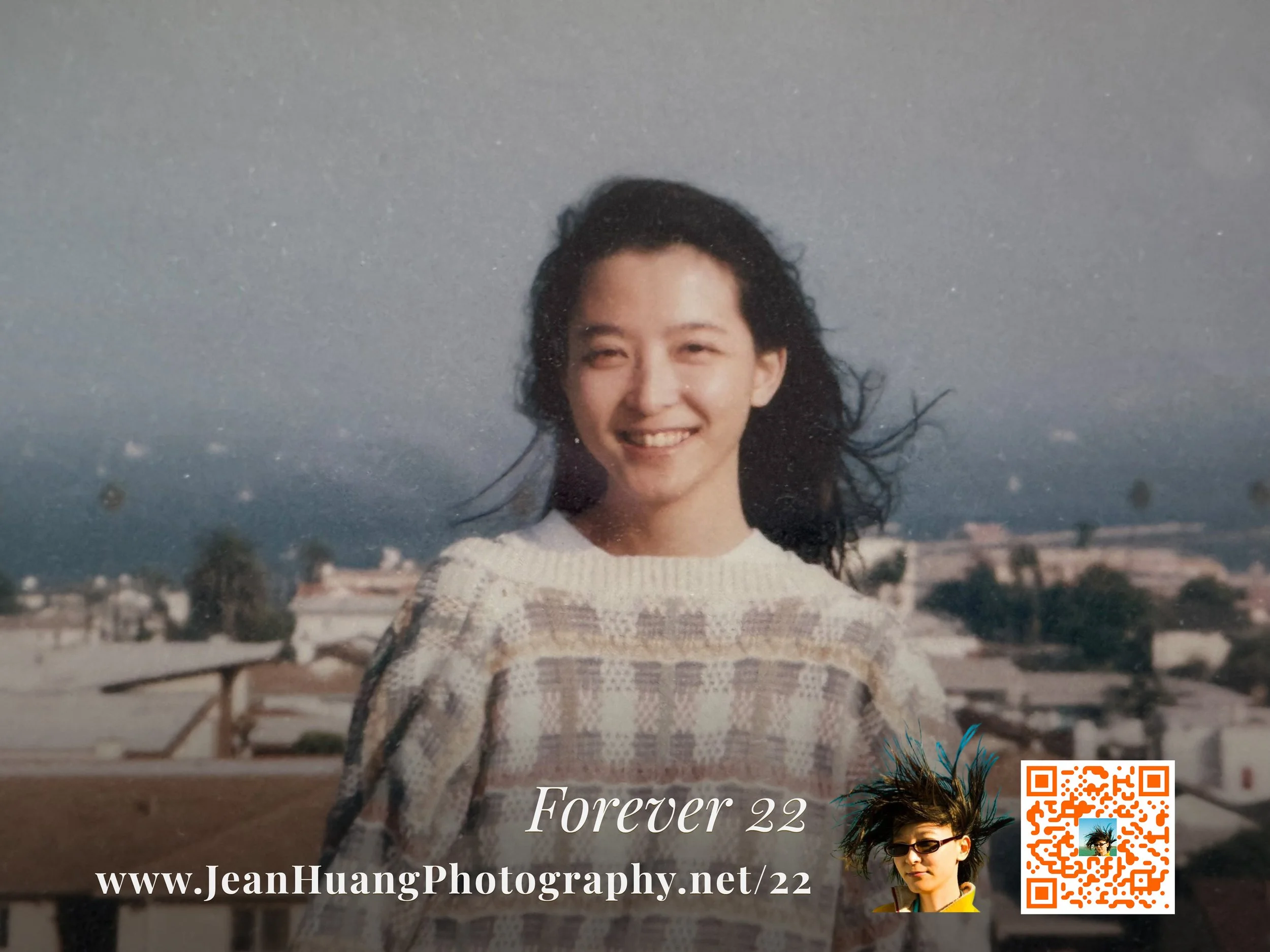 Jean Huang, founder of Jean Huang Photography, photographed at age 22 with hair blowing in the wind, smiling outdoors — the inspiration behind the Forever 22 portrait experience for women in their early 20s.