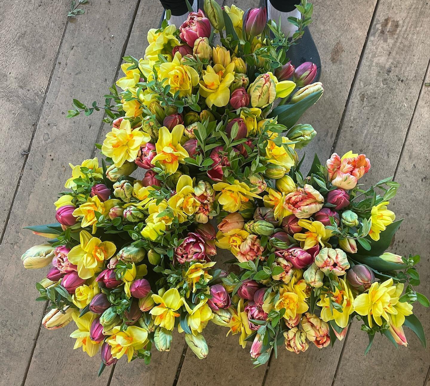 Gearing up for Mother&rsquo;s Day weekend with colorful spring bouquets, a restocked selection of dahlia tubers and some petite arrangements. Add to all the flowers some delicious local veggies and vibrant seedlings ready for the garden, @eastofedenf