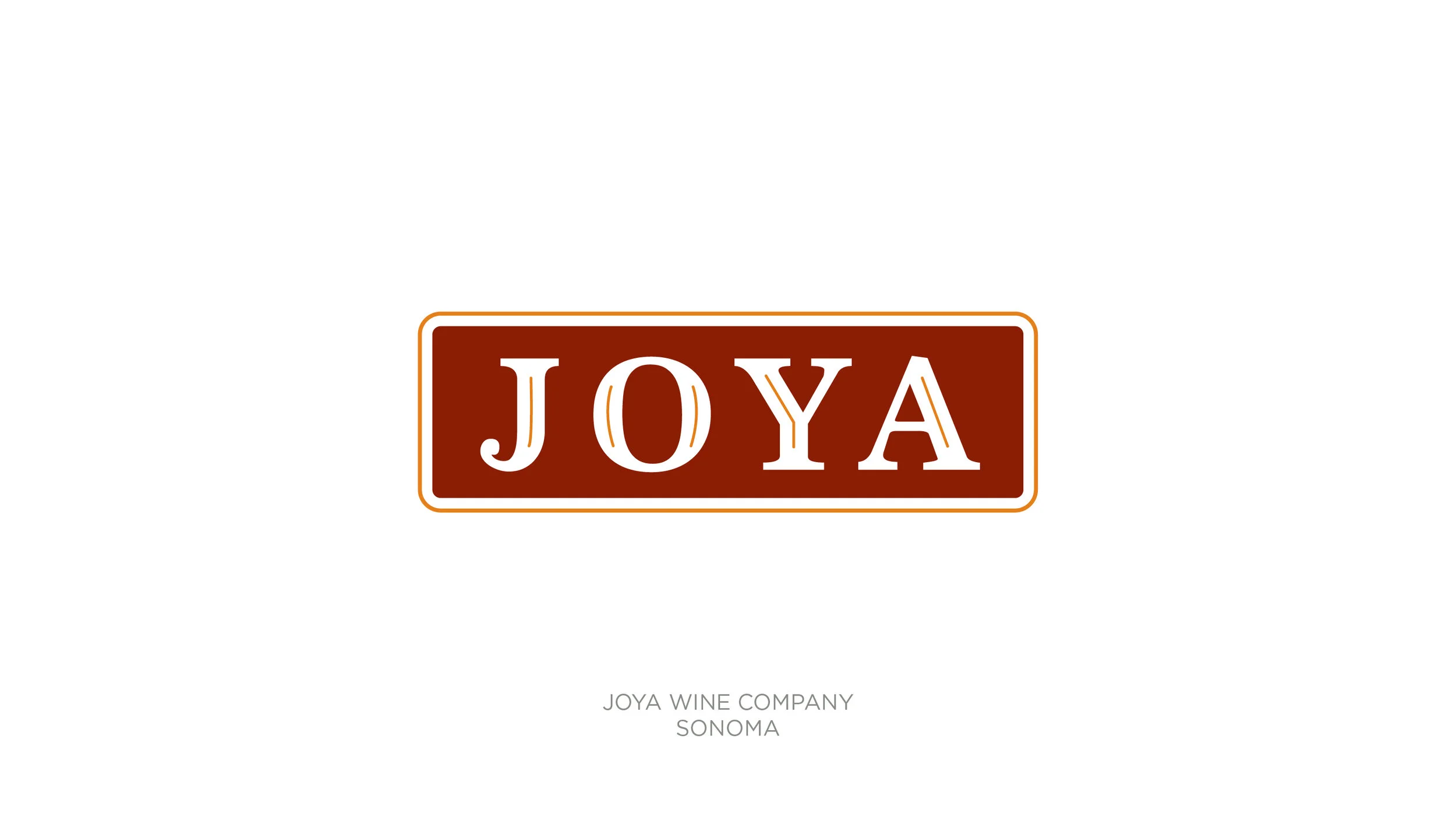 A logo for Joya Wine Company, featuring the word 'JOYA' in white capital letters on a dark red rectangular background with a thin orange border.