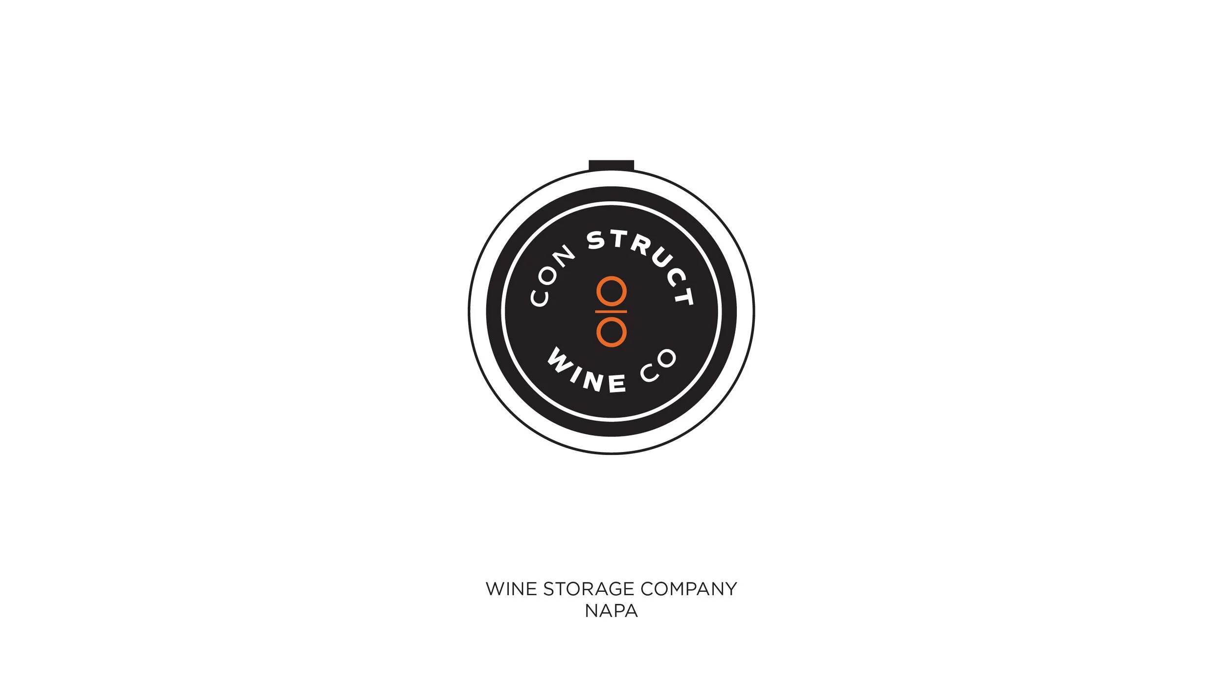 Logo of Consontruct Wine Co., a wine storage company in Napa, featuring a black circle with white and orange text.