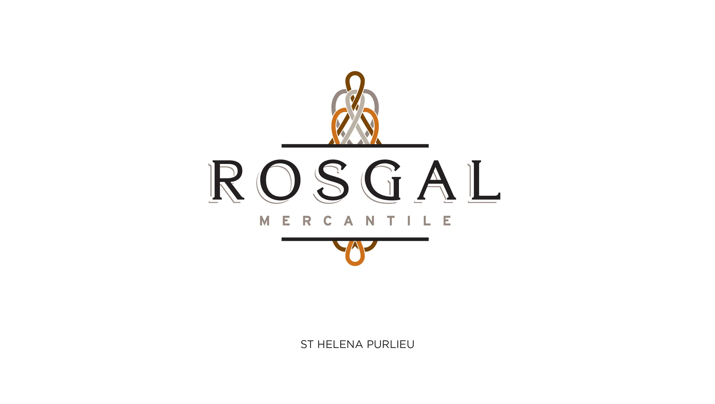 Logo for Rosgal Mercantile featuring an intricate, symmetrical knot design above the name 'Rosgal' with 'Mercantile' underneath, and the location 'St. Helena Purlieu' at the bottom.