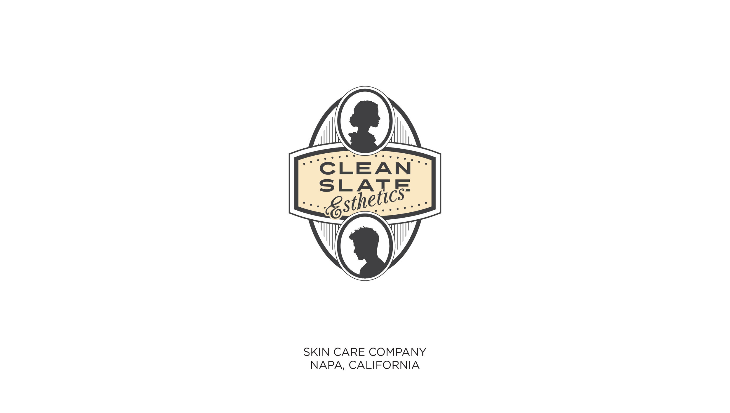 Logo for Clean Slate Esthetics, a skin care company in Napa, California, featuring silhouettes of women's profiles and a vintage style with a beige background and black outlines.
