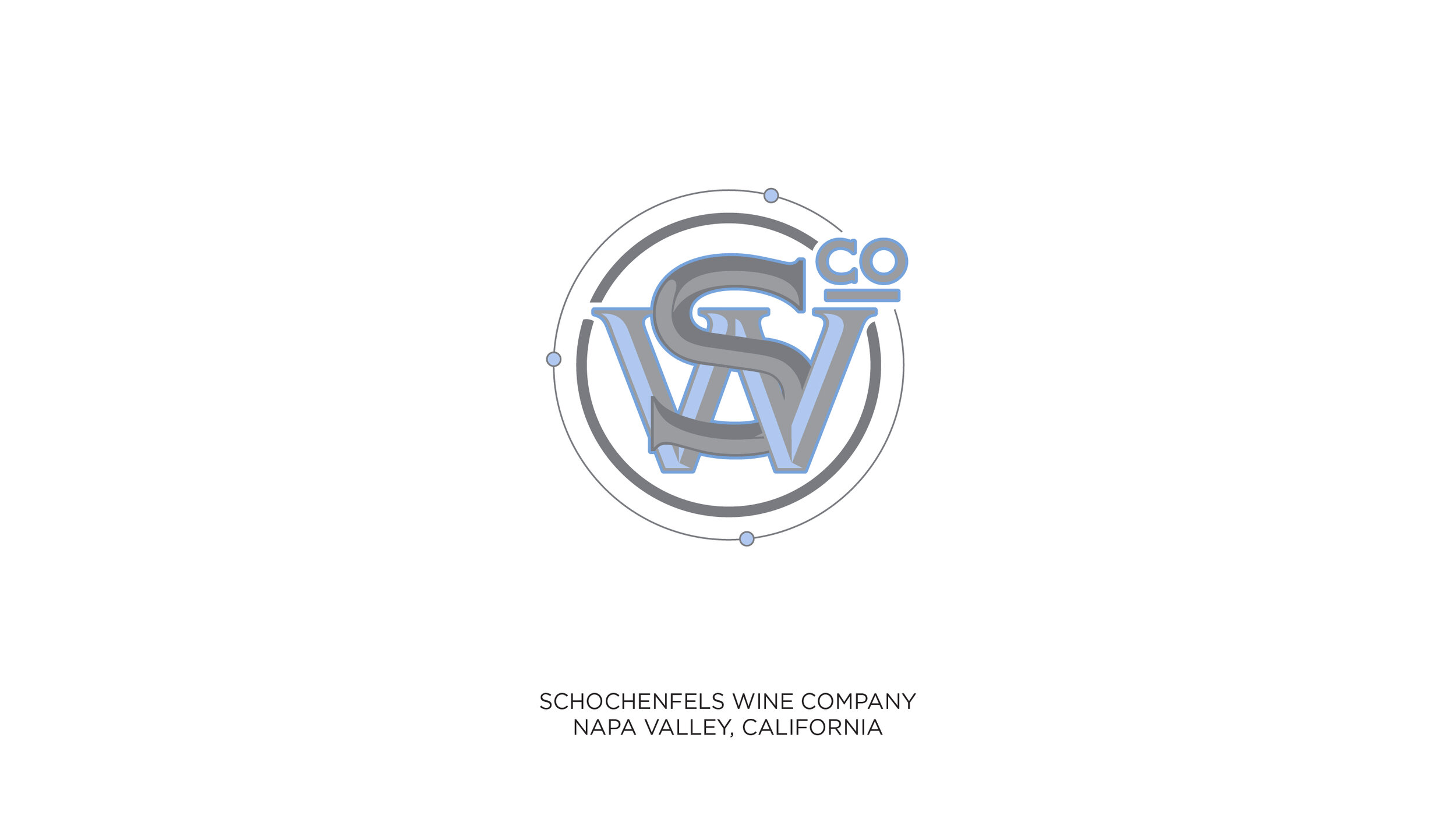 Logo of Schochenfels Wine Company with intertwined 'S' and 'W' in blue and gray, surrounded by a circle, and text below reading 'Schochenfels Wine Company, Napa Valley, California'.