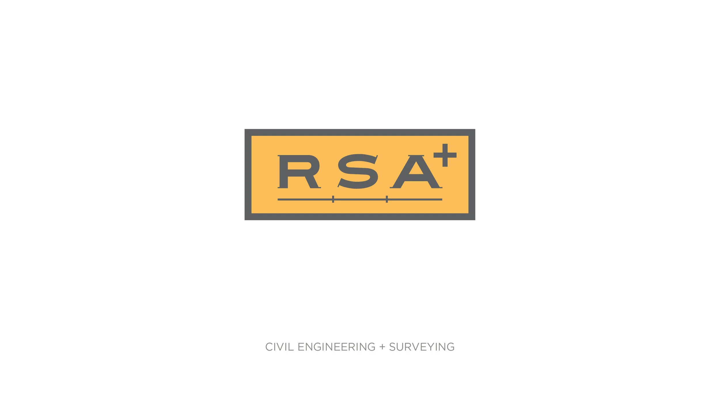 A logo with the text "RSA+" inside a yellow rectangle with a dark gray border. The words "Civil Engineering + Surveying" are written below the logo.