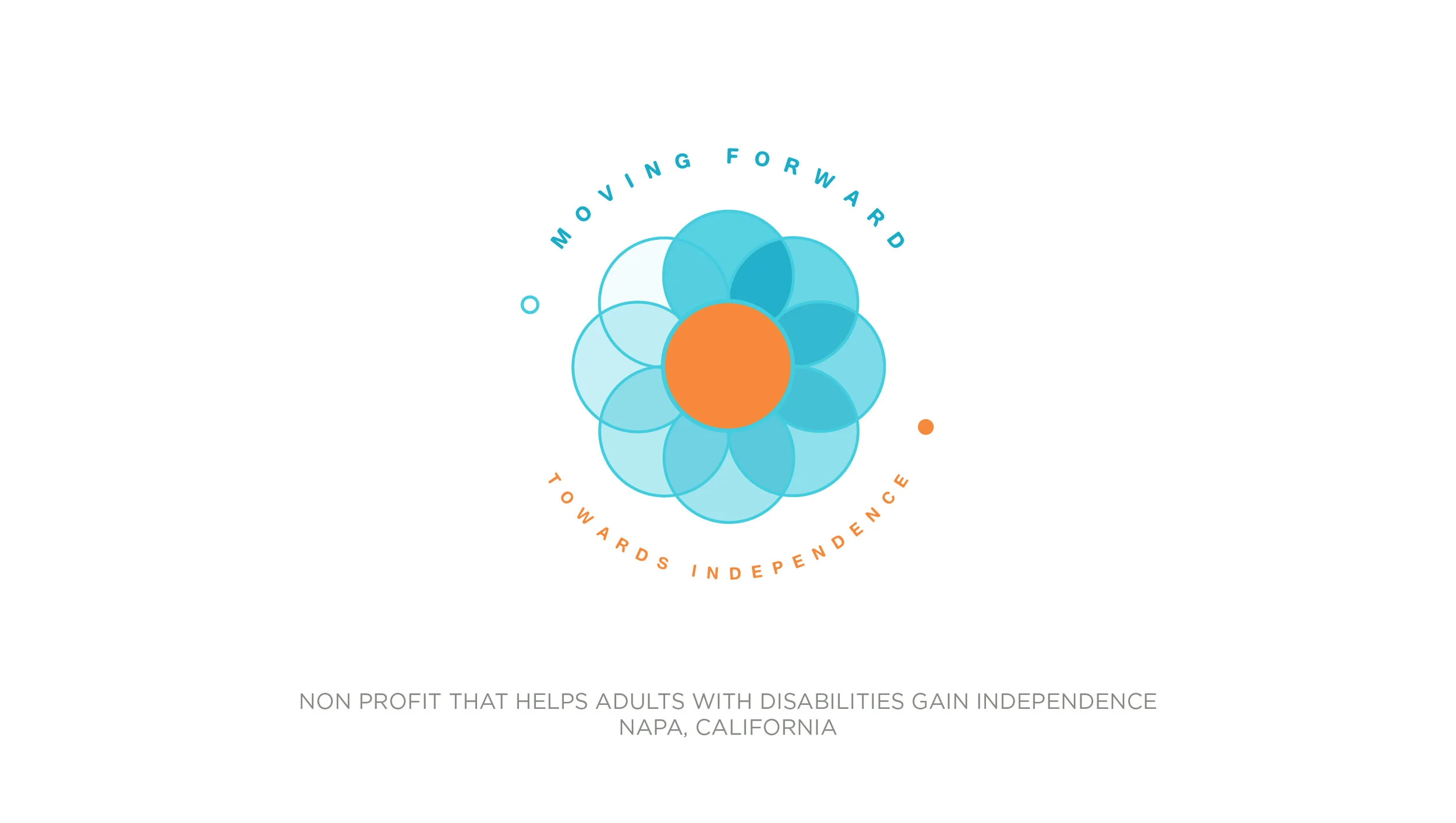 Logo of a non-profit organization called Moving Forward Toward Independence with blue and orange circular flower design and tagline.