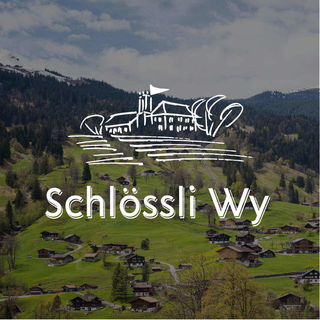 Scenic view of a green hillside village with houses, trees, and mountains in the background with a line drawing of a castle and the text 'Schlössli Wy'.
